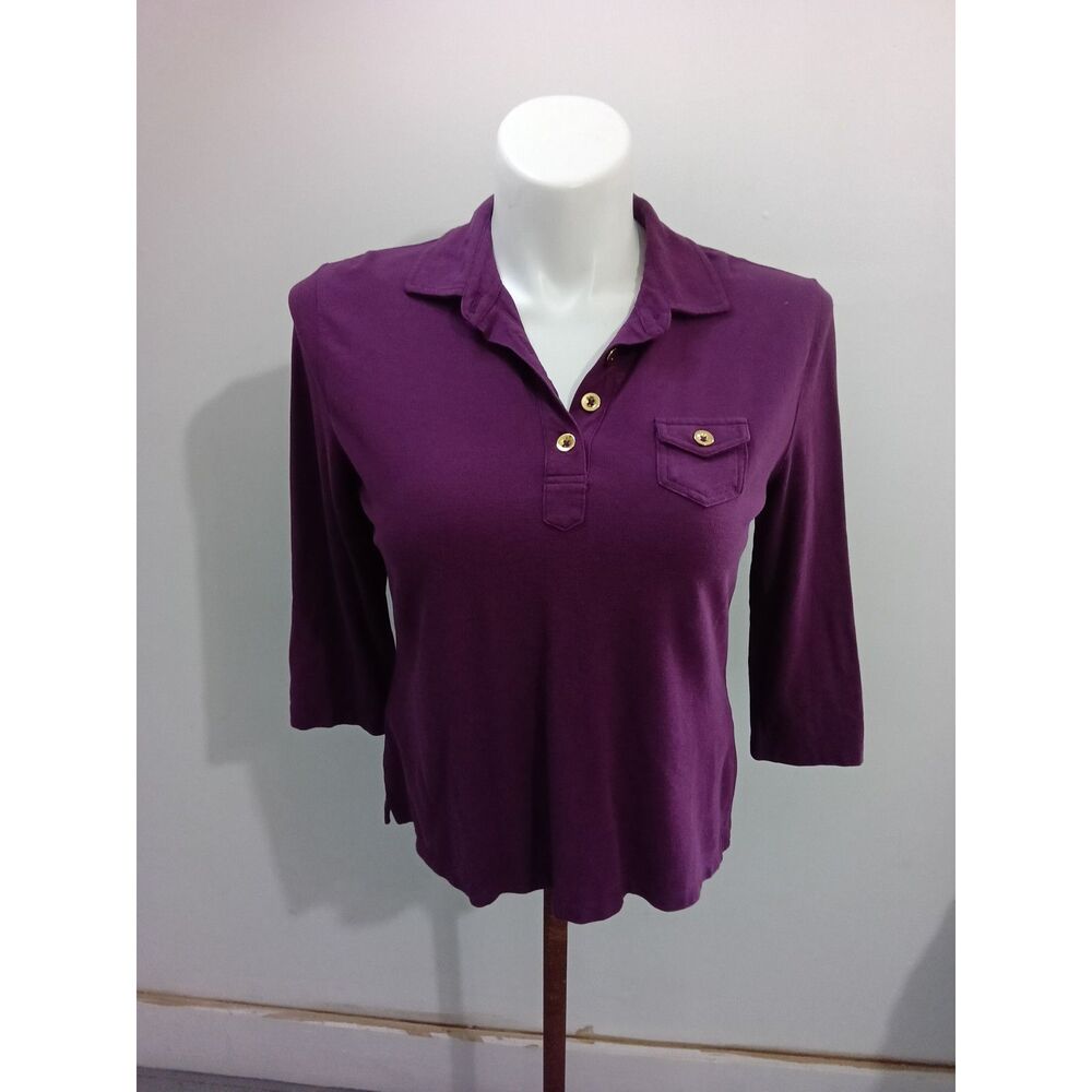 Talbots Petites Purple Polo Top 3/4 Sleeve Button Pocket Size L